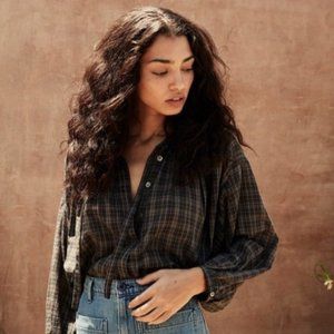 Doen Guadalupe Plaid French Navy Peasant Blouse